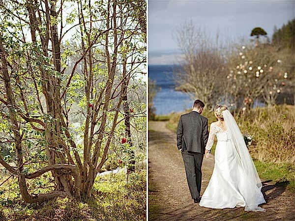 newlyweds walking toward a rocky beach stonefield castle