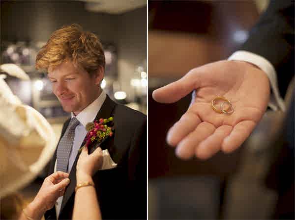 mother of the groom fixing his buttonhole and wedding rings