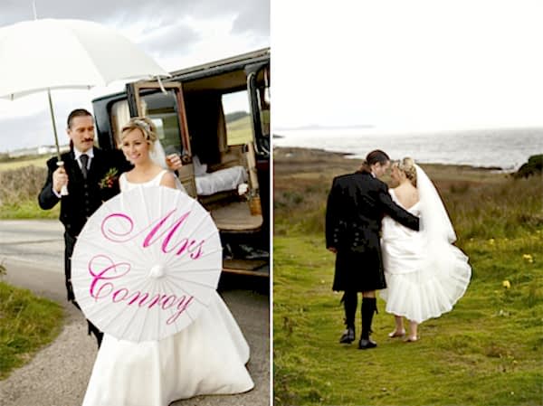 bride and groom going to a beach