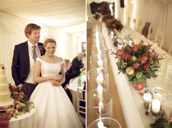 bride and groom holding hands and wedding table decoartions during christmas