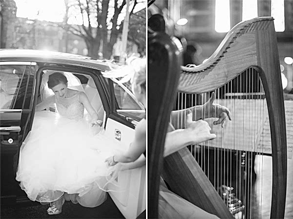 bride getting out from a wedding car and harph playing