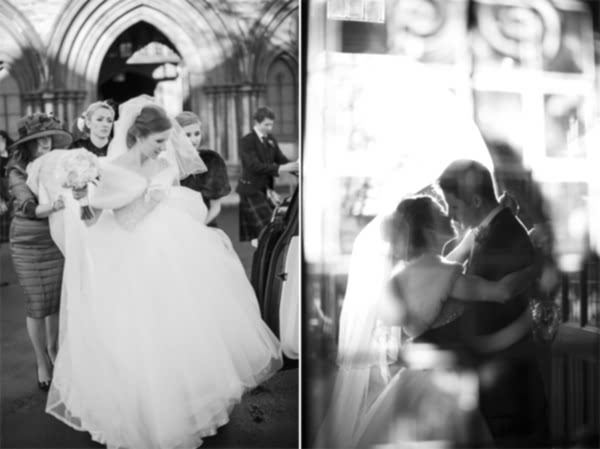 bride getting into a car and newlywed embraced