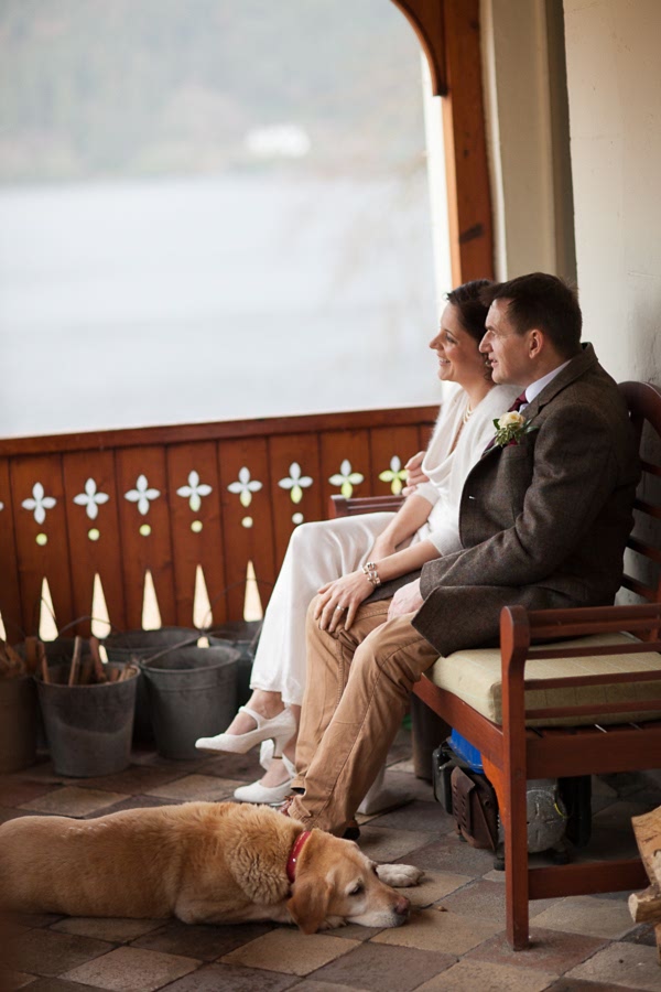 wedding photos bride and groom looking at the view with dog