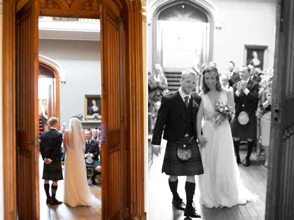 bride and groom walking away from ceremony