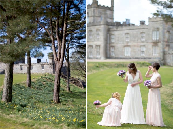 bride with bridesmates outside in the Blairquhan Castle