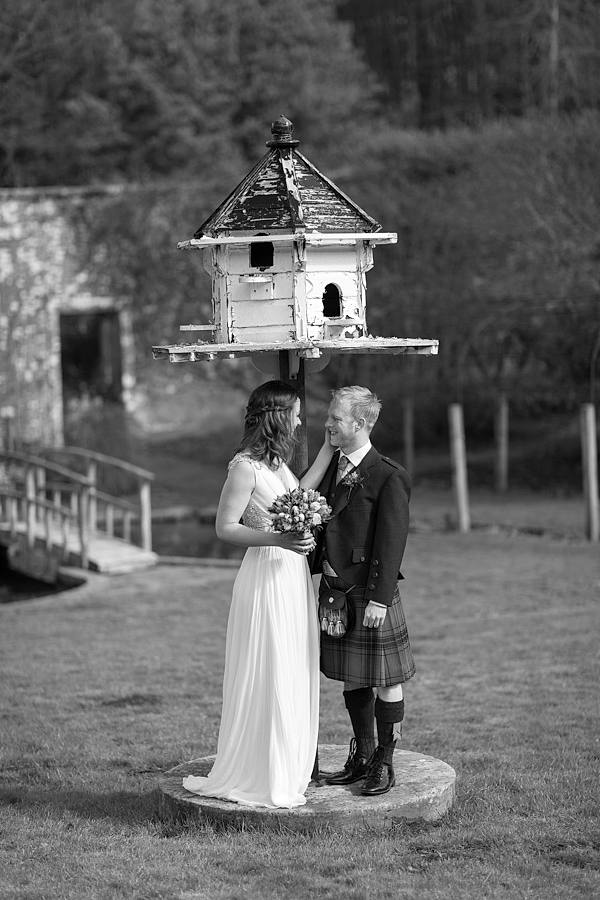 newlweds in the gardens of Blairquhan Castle