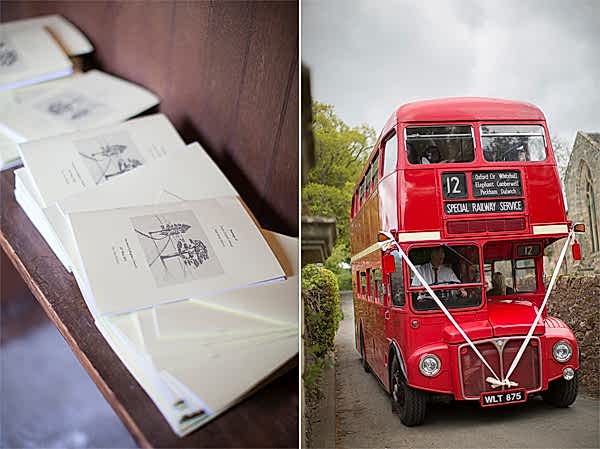 wedding invitation and bus with wedding guests