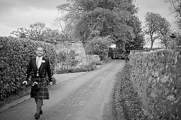 bus with wedding guests leaded by groom