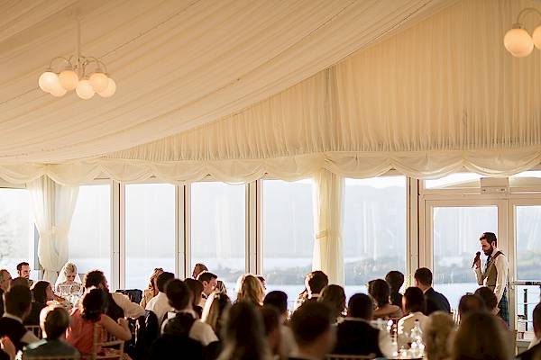view of the room during wedding speeches
