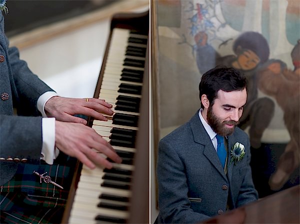 groom playing piano during wedding photo shoot at boturich castle