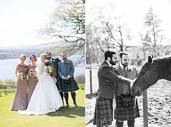 bridal party and groomsmen with a horse