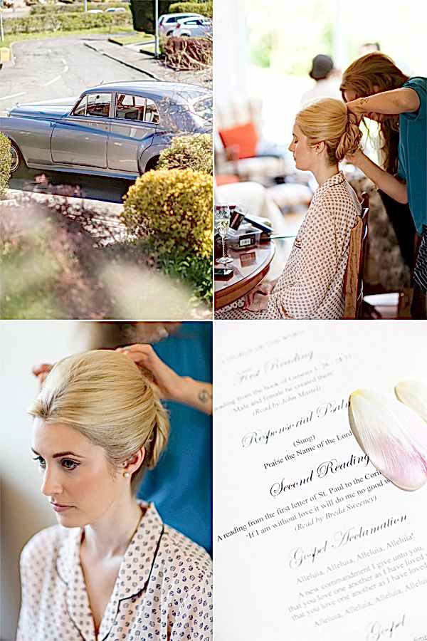 wedding car arriving wedding invitations and bride having her hair done collage