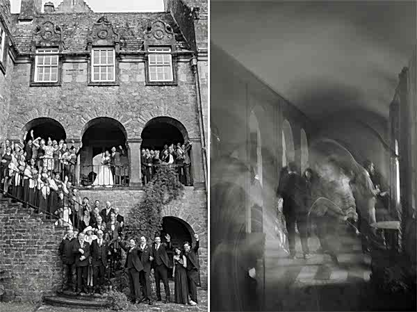 weddign group shoot with whole party on steps of ardkinglas house 