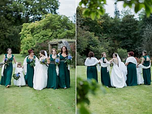 bridesmates with bride walking in teh garden at scottish castle garden