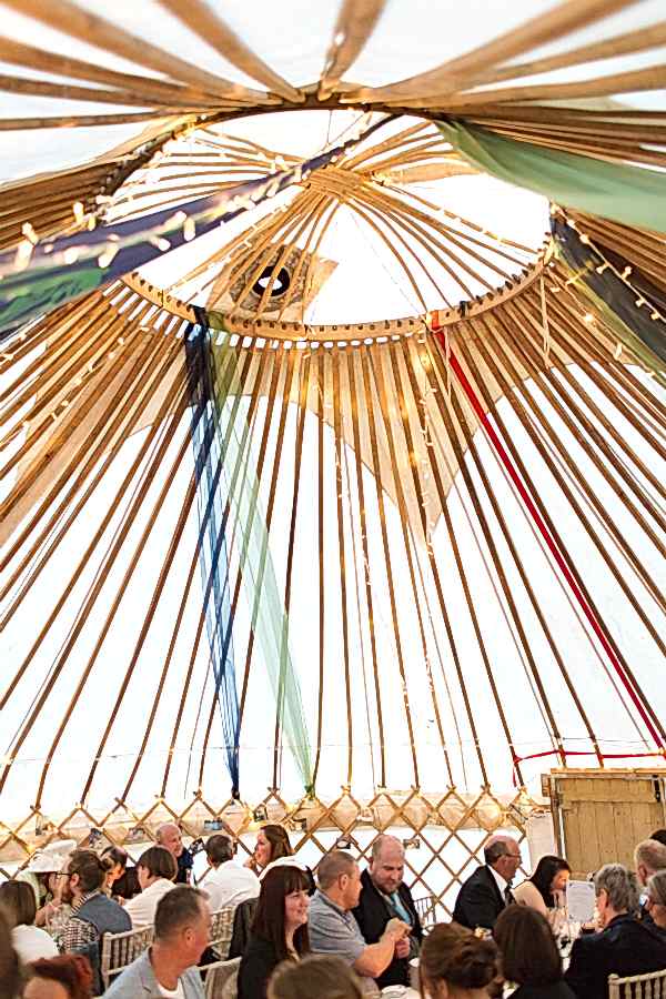 interior of tipi tent with wedding guests