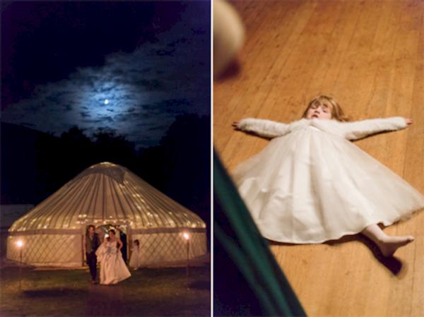 bride outside tipi tent and flower girl funny picture