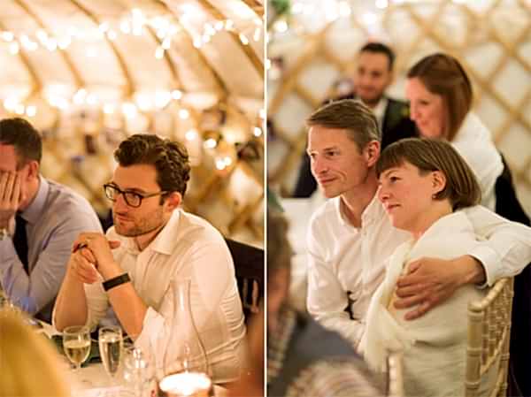 portraits of guests during wedding speeches