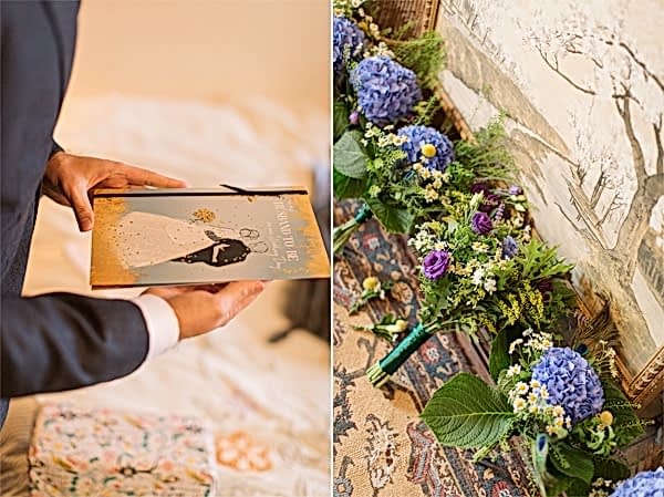 retro card from bride to groom on a wedding day, wedding flowers