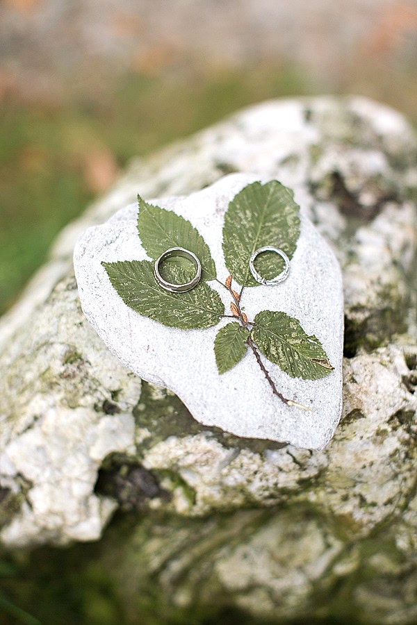 wedding rings on a rock with dried leaves