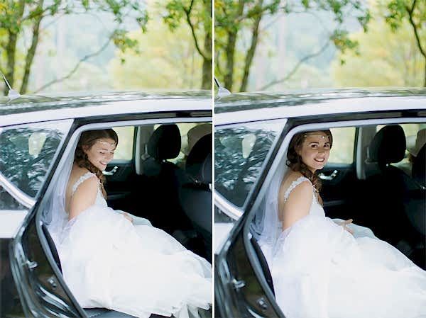 bride going out of car at outdoor ceremony