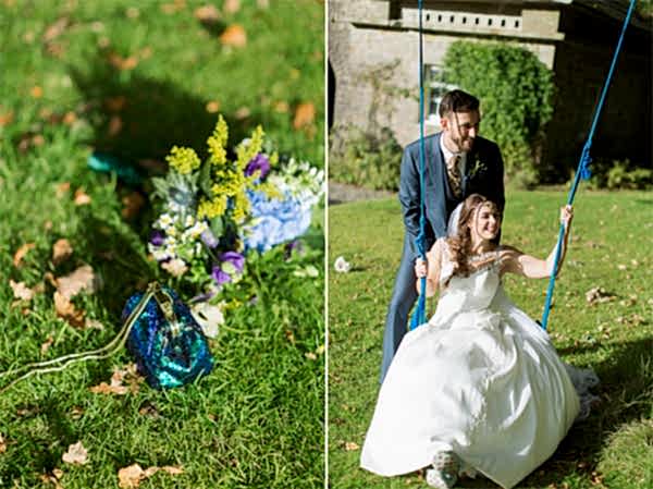 bride on a swing pushed by groom sunny day at ardkinglas estate