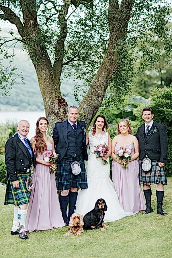 bridal party with dogs at the lodge on loch goil