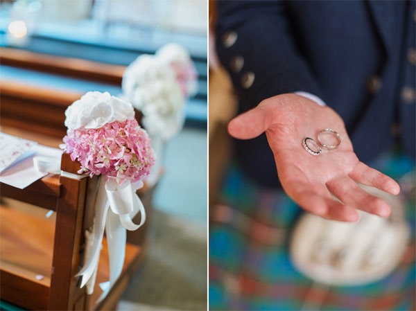 flowers and wedding rings bearsden church scotland 