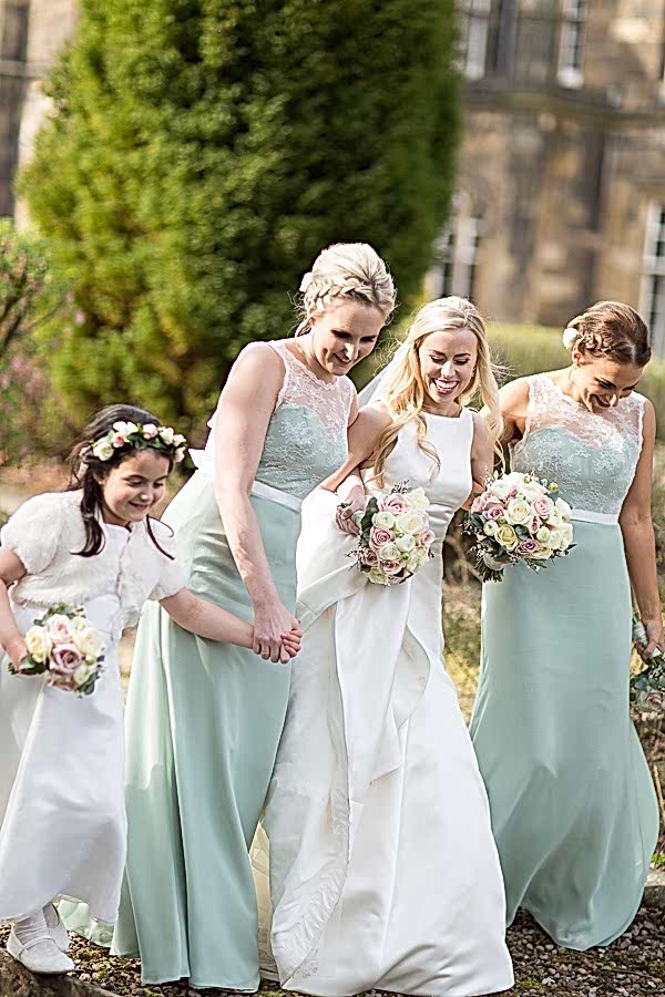 scottish bride walkign with her bridal party mar hall