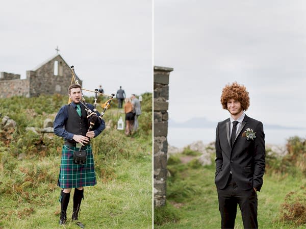scottish piper on beach ceremony and best man with afro haircut