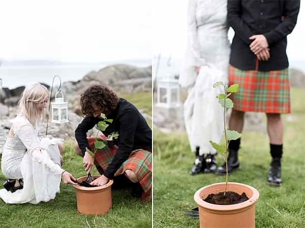 bride and groom planting tree at their wedding 