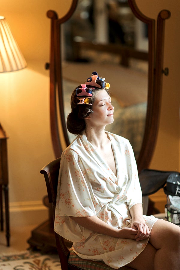 bride having her hair done at dundas castle scottish wedding venue