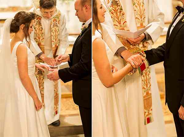 bride and groom exchanging rings during wedding ceremony