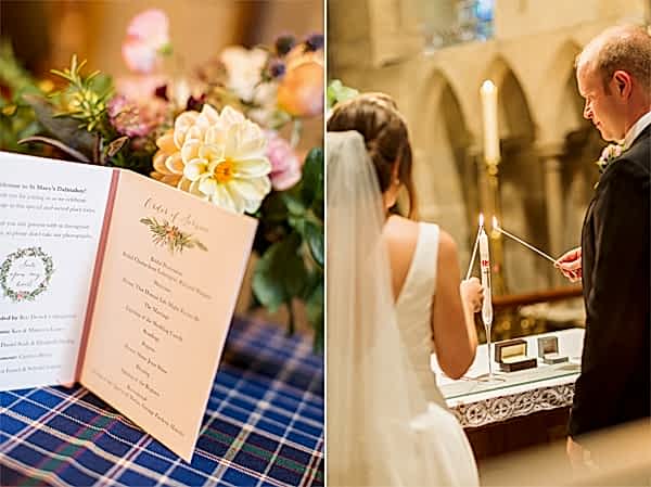 wedding invitation adn bride and groom lighting candle