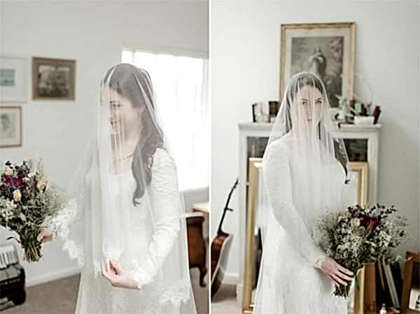 bride putting her veil over