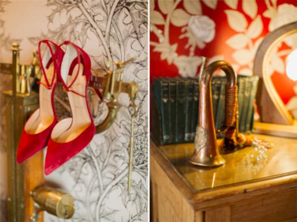red wedding shoes and detail and the lodge on loch goil wedding