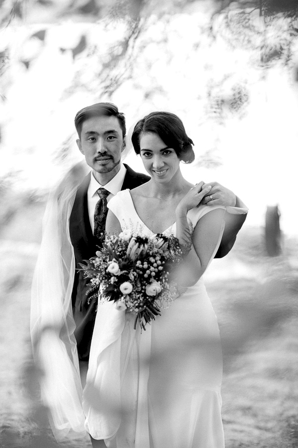 newlyweds embraced under a large tree