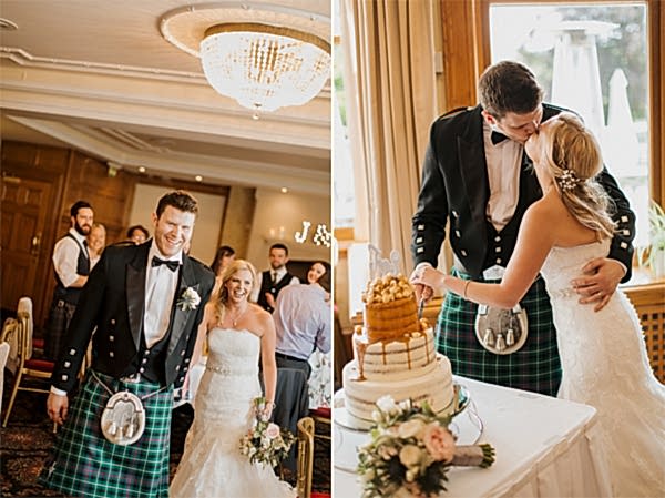 bride and groom walking in and cutting wedding cake