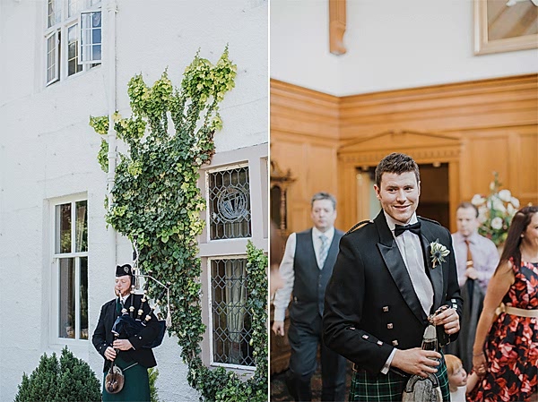 piper playing outside hotel and groom just before ceremony