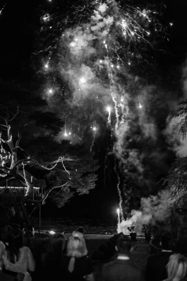 fireworks next to tree house at the lodge on loch goil in scotland