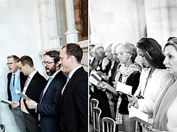 guests singing at chapel ceremony