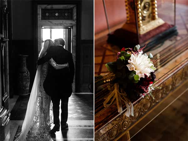 bride and groom kissing and flowers on table