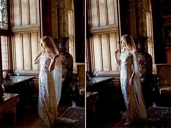 bride fixing her veil in drawing room