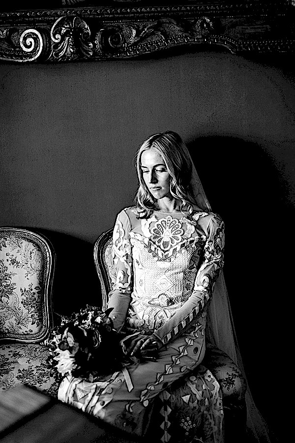 newlywed girl looking at flowers