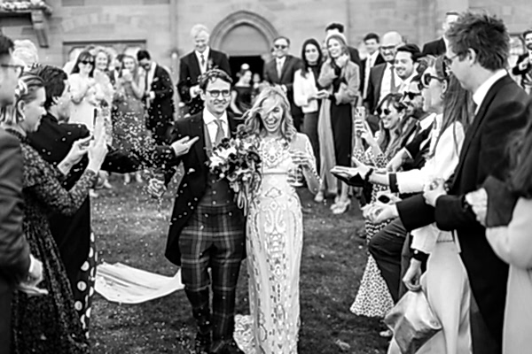 bride and groom at mount stuart confetti