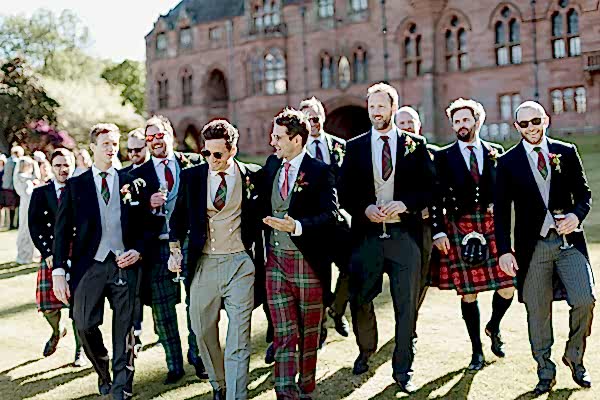 groomsmen walking tartan