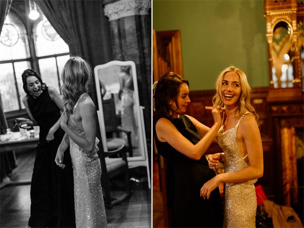 bride in an evening dress getting ready