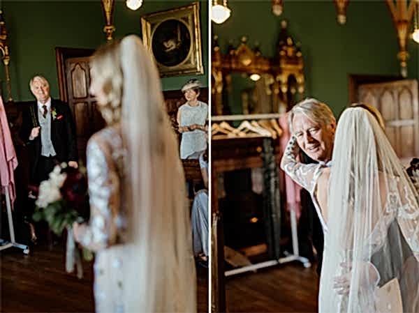 dad seeing daughter in wedding dress huging