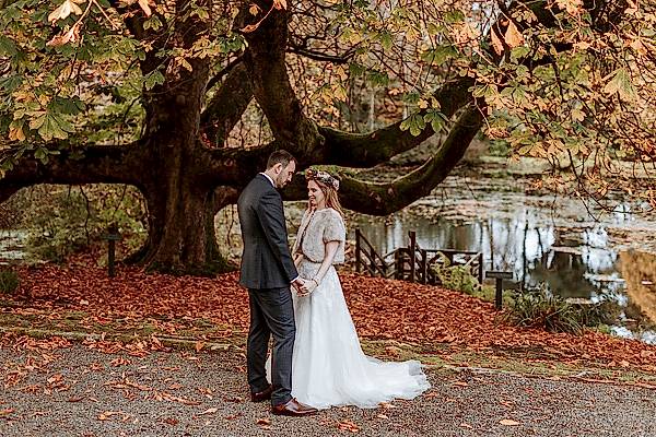 lovely couple freshly married posing in the beautiful Glenapp gardens Ayshire 