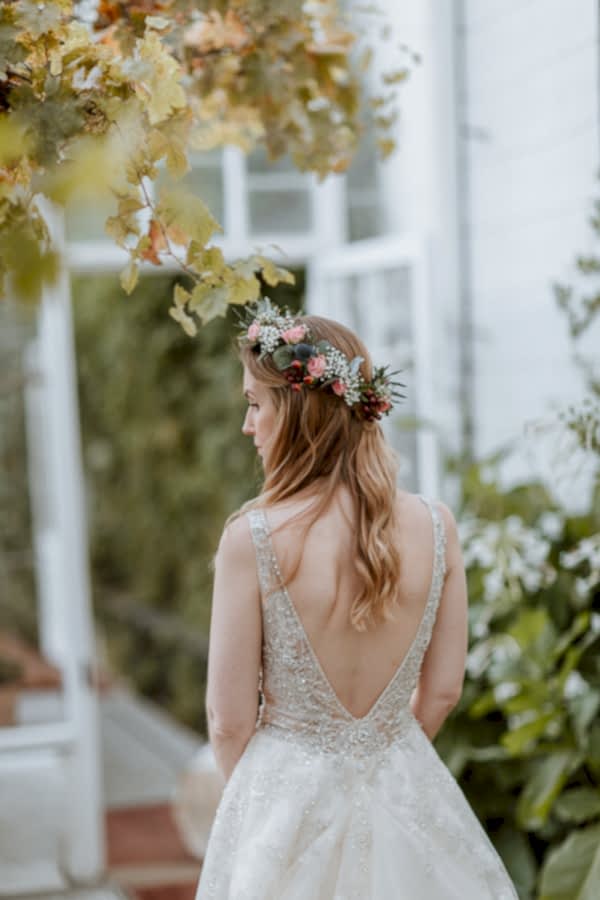 back of a wedding dress greenhouse in glenapp estate scotland 