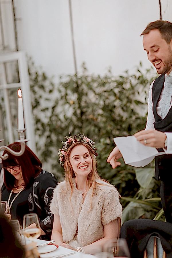 groom and bride laughing during the speeches glenapp castle
